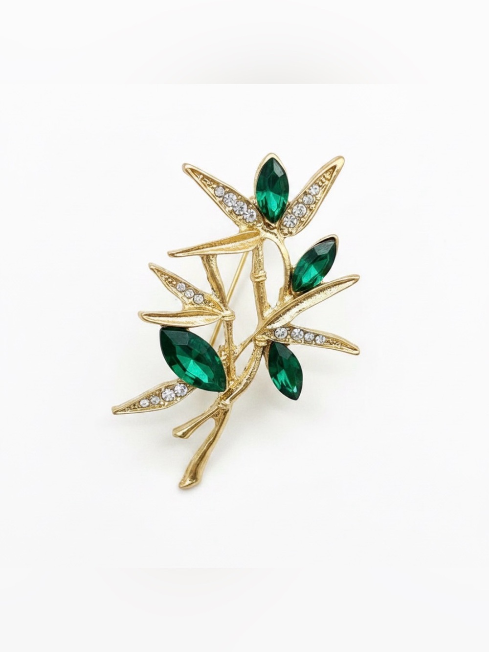 Gold-Tone Bamboo Leaf Brooch With Emerald Crystal Rhinestones - Women Jewelry